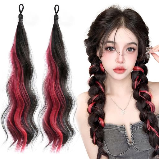 mefenyエクステヘアエクステキッズカラーエクステ子供ポニーテール2本メッシュロングカール巻き髪耐熱ゴム付きレディース三つ編みお団子ダンス赤