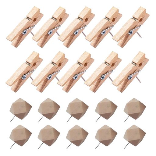 ピン付き木製クリップ木柄の画鋲木クリップピン10pcs多角形画鋲10pcs工芸木製の小さな掲示板写真地図ポスター写真固定用(茶色)