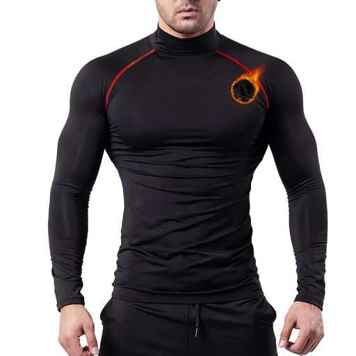 HedingRed 裏起毛 スポーツインナー メンズ ハイネック コンプレッション 防寒インナー 長袖 1829CSJR-blk-re-M