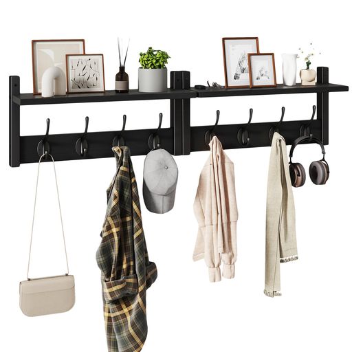 YMYNYウォールハンガー2個セットウォールシェルフ40cm壁掛け棚四連ダブルフック玄関浴室寝間台所壁掛け収納ウォールフックコートハンガーブラックJPHWS00...
