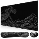 ICASSOマウスパッドリストレスト3点セット90X40CM大型ゲーミングマウスパッド低反発キーボード用+マウス用手首クッション長さ45+14CM人間工学アームレスト疲労軽減ゴムベース滑り止め(神奈川沖浪裏)(2)
