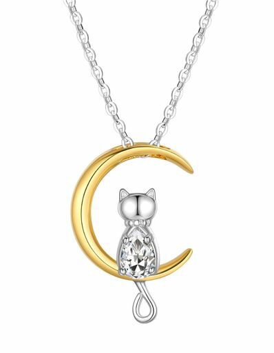 [JustBeingCute]誕生石ネックレスレディース可愛いねこと月ペンダント女の子プレゼント人気ネックレス..