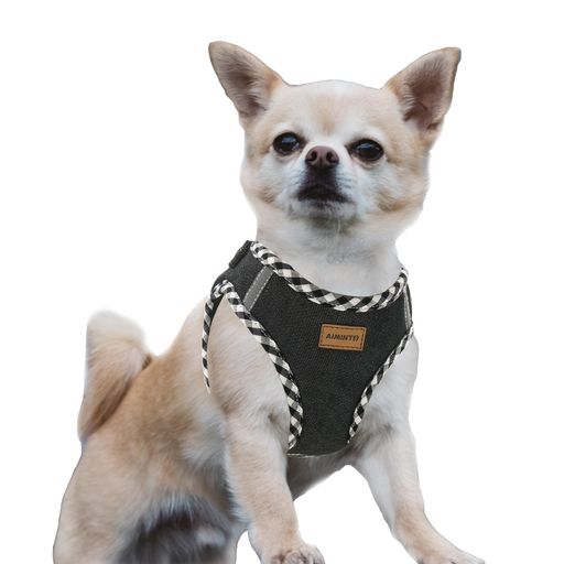 Aimintoデニム犬用ハーネス、通気性の高いメッシュ素材、軽量、ハーネス胸元に反射材付き-猫や小型犬用(ハーネス(ブラック)XXS胴範囲28-32cm)