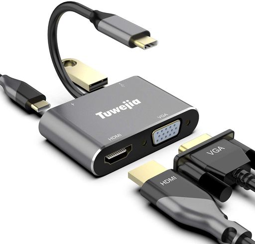 USB TYPE C HDMI VGA 4-IN-1 アダプタ 2024高機能版 USB C HDMI 4K解像度 HDMIポート+VGA映像出力ポート+USB 3.0高速ポート+USBタイプC高速PD充電ポート変換 アダプタ UHDコンバータ