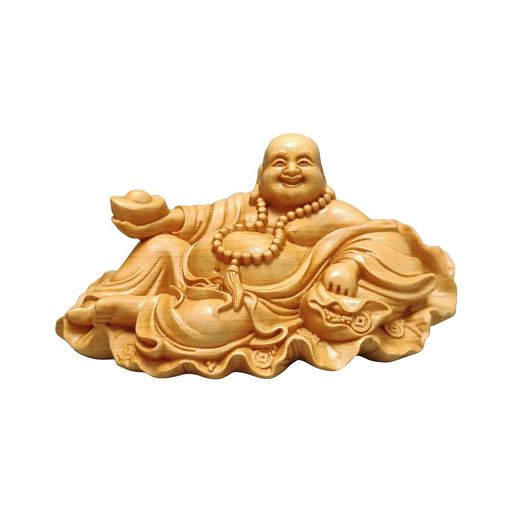 布袋様 置物 金運 七福神 布袋 神様 木彫り木製 置物 ハスの葉っている布袋 弥勒菩薩 開運 金運 運気上昇 厄除け お守り風水 置物 玄関 オブジェ 置物 インテリア お礼 贈り物 (10*5.5CM)