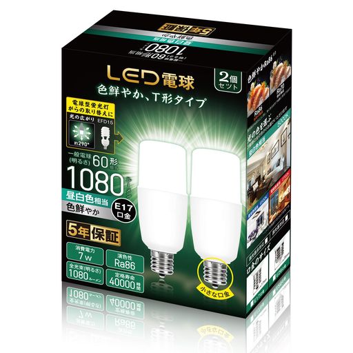 電源:100V(50/60Hz共用) 口金E17 調光不可 消費電力:7W 60W形相当 光色ラインアップ&amp;Ra86 全光束:1080lm 電球形状サイズ:T形タイプ (外径33mm/長さ104mm) 全方向タイプ 調光不可 断熱材施工器具対応 電球形蛍光灯EFD15 EFD25代替推奨 定格寿命:40,000時間 広配光 約290度 保障期間:5年