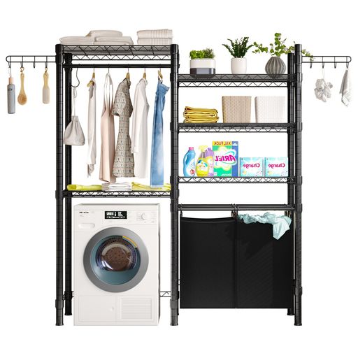 【大容量&省スペース】洗濯機上収納5段収納棚洗濯かご付き幅161.5x奥行34x高さ195cm乾燥機対応ランドリー収納ブラック