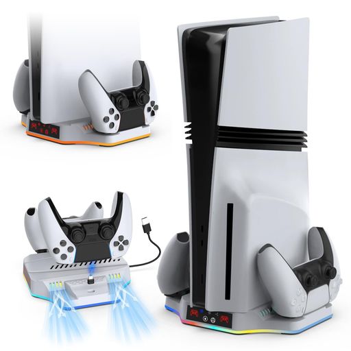 PS5Pro/PS5Slim対応縦置きスタンド【新登場PS5Pro/Slim対応】LwuckbarrtPS5コントローラー充電スタンド多機能冷却ファン充電スタンド2台同時充電充電指示ランプ付RGBライトPS5