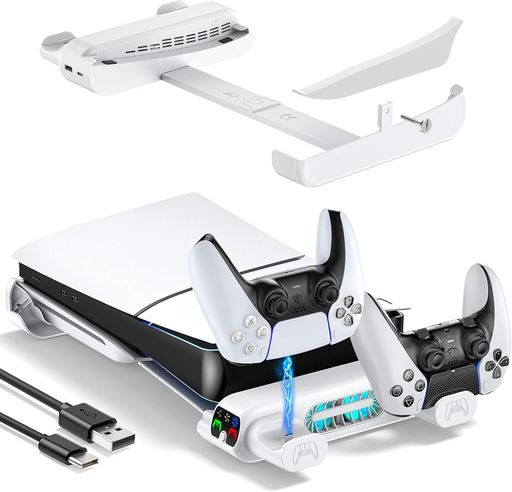 【PS5Pro/新型PS5Slim対応】PS5横置きスタンド3段階風速調整冷却PS5Silmコントローラー充電スタンド放熱改善転倒防止地震対策傷付き防止プレステ5プロ/PS5Slim両対応PS5スリム周辺機器(白)