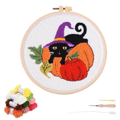artcici初心者向けパンチニードルキットハロウィンパンプキン黒猫パターンツールと糸付き、簡単な刺繍敷物フックセット