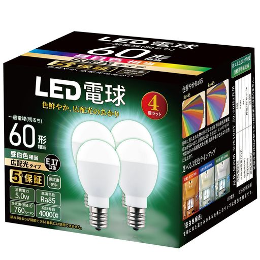本体サイズ:外径35mmx長さ69mm 口金:E17 光色:昼白色相当 定格消費電力:5.0W、本体重量(kg):0.046 全光束 (ランプ単体の明るさ):一般電球60形相当 760 lm ミニクリプトン電球同等サイズのLED電球広配光(配光角約180度)タイプ 誤挿入防止ソット対応(誤挿入防止タイプのソケットには根元がスリムなタイプをおすすめします、ネック部分はスリムなミニクリプトン電球同等形状を実現〈ネック部 : スリムタイプ〉根元がスリムだから奥まで届く。) 断熱材施工器具対応、密閉型器具対応 定格寿命:40,000時間 調光器対応非対応