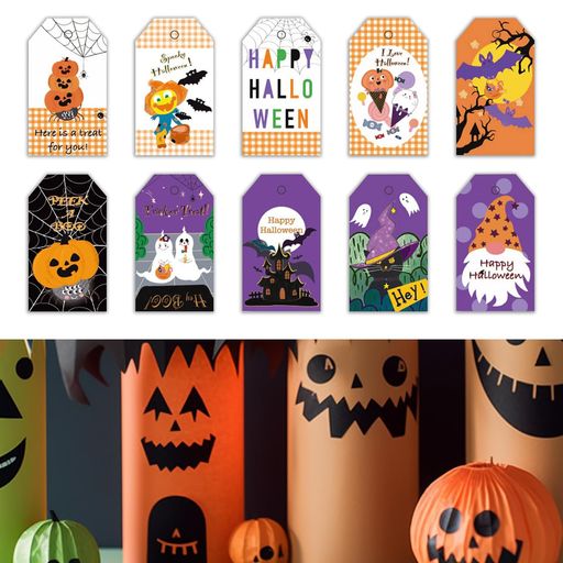 ハロウィン紙ギフトタグ【50枚】ハロウィンタグギフトタグ紐付きハロウィントリートギフトバッグタグハ..