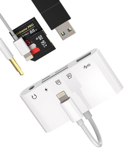 アップルUSB-AOTGアダプターMICROSDカードリーダー(5IN1)LIGHTNINGケーブル同時急速充電3.5MMイヤホンジャック変換アダプター対応APPLEMFI認証カメラマイクロSDTFフラッシュカードかーどりーだーUSB