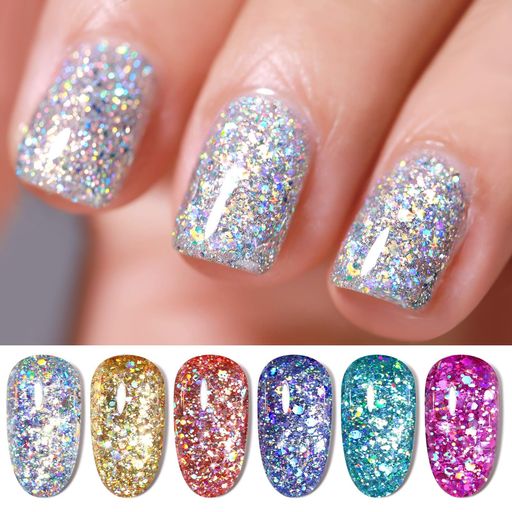 BORNPRETTYジェルネイルカラーセットラメ入りカラージェルホログリッターホログラム春夏ネイル6色ゴールドブルーUV/LED対応ポリッシュタイプセルフネイル