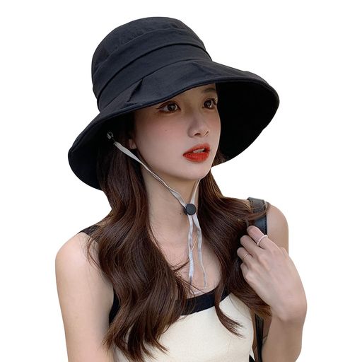 [ARSZHORSVS]UVカット帽子レディース日焼け防止小顔効果つば広サイズ調節ワイヤー入りあご紐コットン素材【吸汗速乾・抗菌防臭】折りたたみ散歩旅行通勤女優帽大きいサイズ春夏(ブラック)