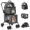 Giantexペットカート分離型折りたたみ式3-in-1耐荷重上段15KG下段15KG多頭犬用猫用犬用キャリー犬バギーブレーキ付きマット付きキャノピー付きサイド...