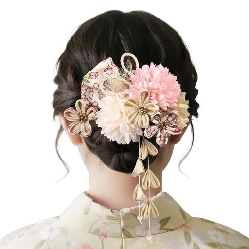 OTAKUMARKET 髪飾り 成人式 袴 卒業式 浴衣 花 振袖 七五三 つまみ細工 着物 和装 水引細工 (ベージュ)