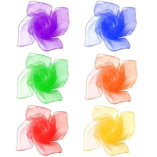 【仕様】45x45cm 正方形のシフォンスカーフ全 6色展開。青 / オレンジ / 赤 / 緑 / イエロー / パープルを1色1枚ずつ個包装でお届け。光沢素材で発色鮮やか、各種演出に最適です。 【柔らかシルク生地素材】通気性抜群の柔らかシフォン生地を採用。軽く空気の流れになびきやすく、3 歳以上の男の子・女の子どちらでも安心してご使用いただけます。 【多シーンで活用可能】幼稚園のお遊戯、リトミック、ダンスレッスン、ジャグリング、マジックショー、音楽療法、運動遊びなど幅広いシーンに対応します。 【特徴】 軽い生地なので誰でもお使いいただけます。 持った瞬間踊りだしちゃう! 赤ちゃんのいないいないばぁもこれならママのお顔が透けて見えるから安心。 【注意事項】対象年齢 6 歳以上を推奨。小さなお子様が使用する際は、必ず大人の方が付き添って監督してください。誤飲・巻き付きにご注意ください。