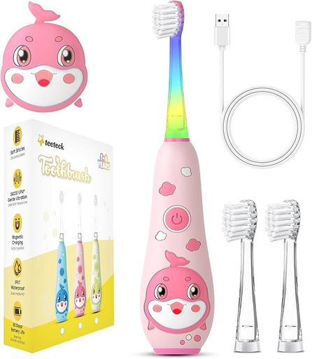 Teeteck電動歯ブラシ子供充電式2分間のスマートタイマー虹色LEDライト2つのモードIPX7防水柔らかいデュポン毛子供へのプレゼント1歳から10歳の男の子と女の子向け(2個ブラシヘッド、1個ハ…