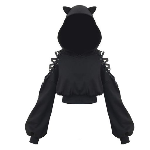 [YEMOCILE]レディースファッション猫耳パーカーショート丈ゆったり肩出しトップス韓国系ストリート系フード付きトレーナー大きいサイズ黒XL