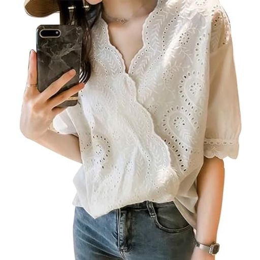 WNODRUKE刺繍ブラウスレディースシャツ夏半袖薄手ゆったりエレガント可愛いカジュアルおしゃれトップスWN062(4XL) WNODRUKE刺繍ブラウスレディースシャツ夏半袖薄手ゆったりエレガント可愛いカジュアルおしゃれトップスWN062(4XL)