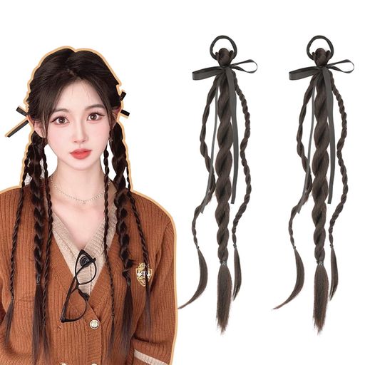 Zhejia2本エクステウィッグヘアエクステ子供編み込みエクステンションツインテールポニーテールリングヘアアクセサリーツインテール付け毛毛束つけ毛ヘアアクササリーアイロン可能お…