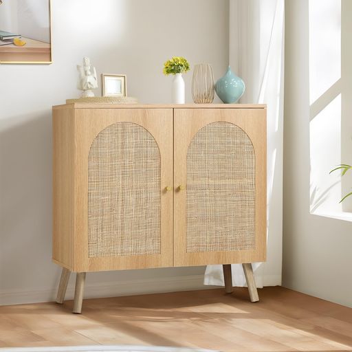 UPHYBキャビネットサイドボード収納棚大容量リビングローボードラタン調ラタン風2段扉付きリビングボード洋服タンス収納箪笥リビングランドリーチェスト整理タンス北欧木目調おしゃれ