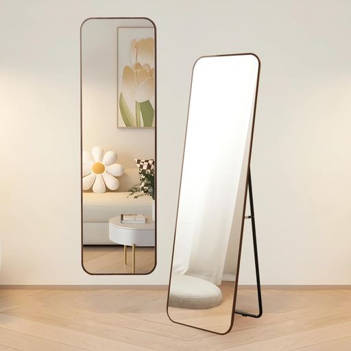 オーエスジェイ(OSJ)全身鏡丸角フレーム姿見鏡北欧木目調スタンドミラー壁掛けミラー立てかけ飛散防止1..