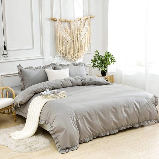 MoonxHomeアンティーク風掛け布団カバー寝具カバー3点セット掛け布団カバー(1枚)ボックスシーツ(1枚)封筒式枕カバー(1枚)布団カバーマットレスカバーフリル付き純色ライトグレーシングル