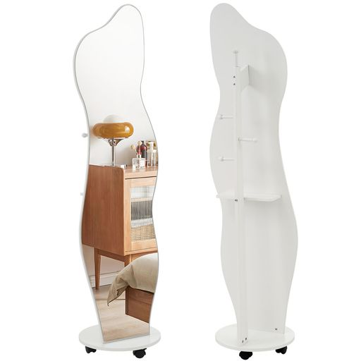 オーエスジェイ(OSJ)全身鏡全身かがみハンガーフックホワイト北欧キャスター付きスダンドミラーおしゃれシンプルスリム収納付き衣類収納隙間収納飛散防止加工(イレギュラ167*37CM)