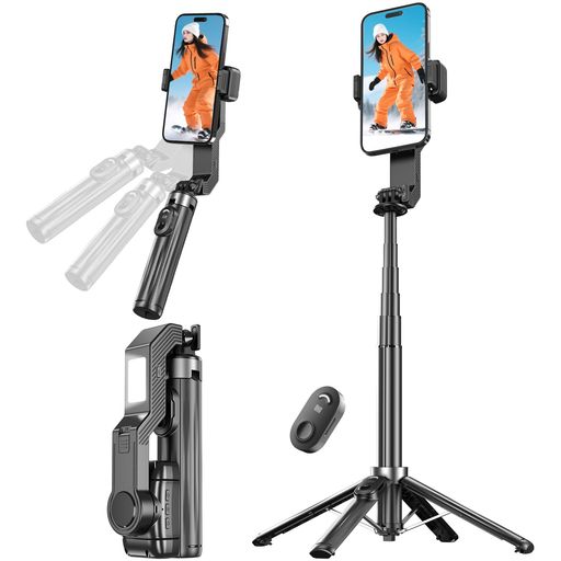 Seeshopoジンバル自撮り棒手ブレ防止スタビライザースマホ三脚【2025年新登場・LEDライト付き・Bluetoothリモコン付き】スマホジンバル四脚安定モデル片手持ち単軸スタビライザー自撮り棒8…