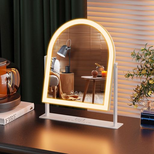 FENCHILIN女優ミラー卓上鏡ハリウッドミラーアーチ型のライトストリップ10倍拡大鏡付き三色照明モード明るさ調節可能360度回転給電式25x30cm