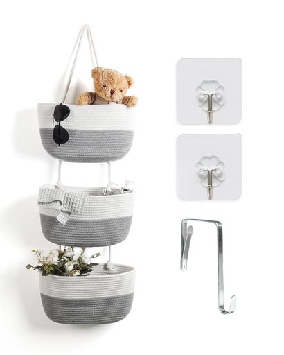 Umlacaクローゼット収納吊り下げ式ウォールポケット3段大容量グレーxホワイト綿麻手編み折りたたみ式|..