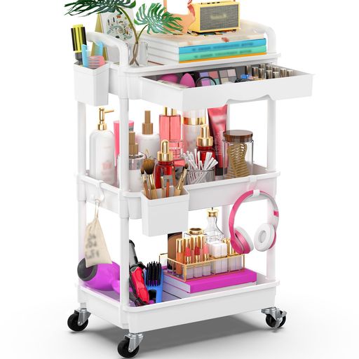 Goovillaキッチンワゴンローリング3段引き出し付きハンドル付き収納カップ仕切板付き多機能小物隙間収納バスケットラックバスルームオフィスキッチン用収納ワゴン幅37.8x奥行26.9x高さ75.9c…
