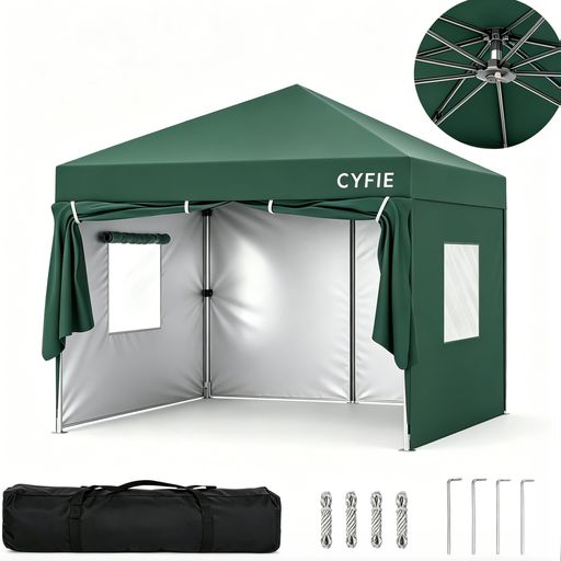 Tents, Tarps - ワンタッチテント3mx3m大型テント4面サイドシート付(メッシュ窓2・ファスナードア2)ベンチレーション搭載3段階高さ調整防水UVカット遮光遮熱スチールフレーム軽量アウトドアテントキャ…