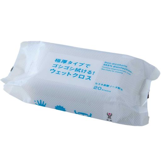 【商品サイズ】22x11x6cm【商品重量】370g【シートサイズ】20x30cm(1枚あたり)【入数】20枚【生産国】日本 【材質】レーヨン・ポリエステル【成分】水・フェノキシエタノール・ベンザルコニウムクロリド・セスキ炭酸ソーダ・香料【液性】弱アルカリ性 1枚で机の上からキッチン周りのお掃除まで!ゴシゴシ使える大判ウエットぞうきん。 超極厚タイプで30x20cmの大判サイズ!1枚でしっかりお掃除できます。 赤ちゃんのおしり拭きと同じノンアルコール成分で手肌に優しく除菌99.9%。