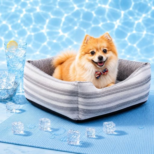 JEMA ジェマ ペットベッド ペットソファー ペットクッション マット 夏 犬 猫 スクエア型 洗える 冷感 ひんやり メッシュ 通気性いい ふわふわ 60x50x18cm ボーダー グレー