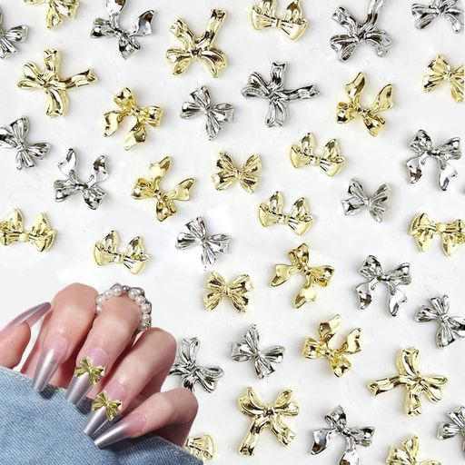 JetWaveネイルパーツリボン3D蝶結びネイルパーツ可愛いレジン用ハンドメイド大きめジュエリーパーツネイルパーツキャラクター立体デコパーツランダム形約120個セット(ゴールド+シルバー)