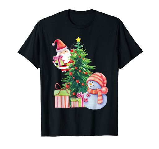 サンタと雪だるま クリスマスツリー お祝い ホリデー 水彩画 Tシャツ