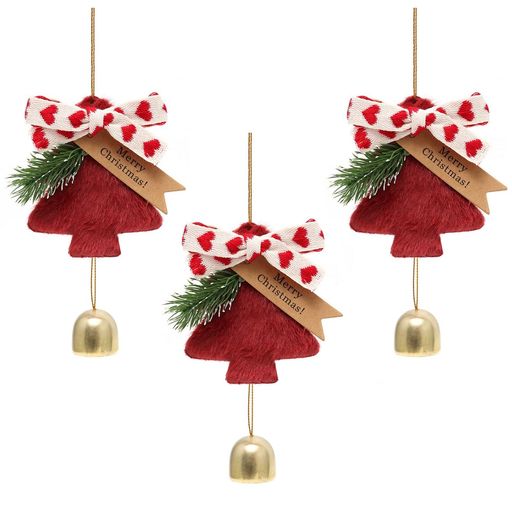 koundenekoクリスマス飾りベル鈴3個セット金属製クリスマスベル真鍮風鈴オーナメント吊り下げパーティー飾り赤ふわふわミニクリスマスツリーリボン付き手作りウィンドチャイム店舗部屋…