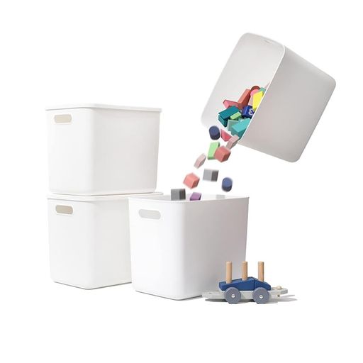 Garments Storage Implements - プラスチック収納ボックス蓋付き約幅30x奥行20.5x高さ25(cm)約15L積み重ねボックス、押し入れ/居間/台所収納4個セット(白4L)