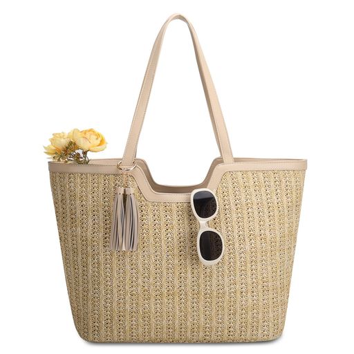 VASCHY大容量カゴバッグレディース草編みトートバッグビーチバッグ手提げハンドバッグ買い物通勤ストローバッグ肩掛け軽量多機能旅行海辺ビーチベージュ