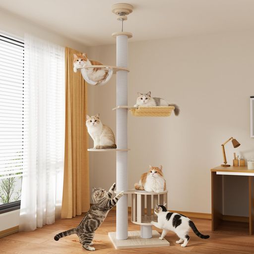 [ChicKone] キャットタワー 突っ張り ネコタワー 木製 スリム 宇宙船付き ハンモック 大型猫 爪とぎ 多頭飼い 猫タワー ツッパリ 人気 木登りタワー キャットツリー 多層無垢材 太い支柱 全…