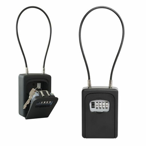 安心の国内ブランド 鍵の共有、受け渡しに便利なキーボックス 【仕様】ワイヤータイプ、4桁ダイヤル錠(任意変更可能) 【本体サイズ/重量】幅90x奥行40x高さ120mm(ワイヤー長400mm)/560g 【材質】アルミ合金【付属品】取付用ネジ(4本)、プラグ(4個)