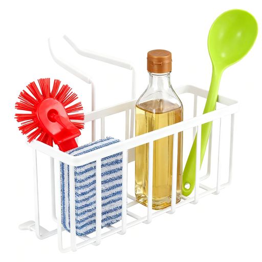 シンクスポンジ置きタオルハンガー付きステンレス製洗剤ラック防錆蛇口にかける収納ホルダースポンジ・洗剤・たわし・ソープ・小物収納キッチンようひん用品(ホワイト)