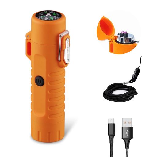 楽天NextGenShopYOZWOOファッション防水電子ライター懐中電灯付きコンパス充電可能USB防風防水電気ライター無炎プラズマライターアウトドアハイキング、キャンプに適します（オレンジ）