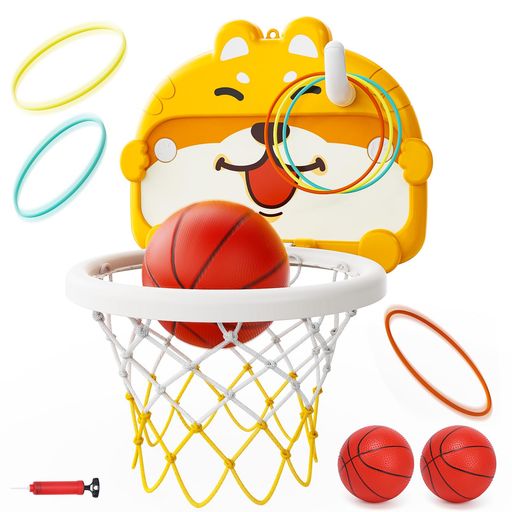 バスケットゴール壁掛けSkirfy子供のおもちゃ2in1遊び方ドア掛けバスケットボールおもちゃ輪投げゲームボール2個六つの輪粘着フック吸盤付き室内屋外兼用多場面使用折り畳み式収納便利…