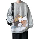 トレーナーTシャツメンズ長袖スウェットトップス無地ゆったり猫ロゴおもしろシャツ可愛い大きい丸首かわいいオシャレ春秋服-QIANHUI-2XL