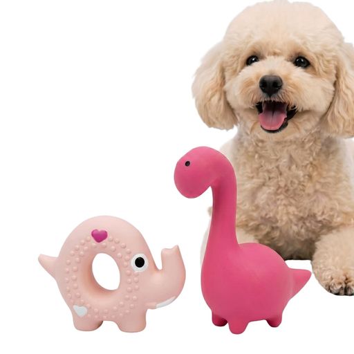 噛む玩具 【パステルピンクが可愛い!お茶目な珍獣2個セット】 見ているだけで癒やされる、ユニークな「ドーナツ型ゾウさん」と、おっとりした表情の「首長竜(恐竜)さん」のポップなピンクコンビ!2つの異なるキャラクターがセットになっており、多頭飼いのワンちゃんたちで仲良く分け合ったり、その日の気分でローテーションして遊べます。 【100%天然ラテックス製&amp;お口に優しい柔らかさ】 赤ちゃんの玩具基準を満たす、安全で環境に優しい天然ラテックス(天然ゴム)を採用。非常にソフトで弾力性があるため、顎の力が弱い超小型犬や子犬でもカミカミしやすく、大切な歯やデリケートな歯ぐきを傷つける心配がありません。 【ピコピコ音が鳴る!愛犬の好奇心を刺激】 おもちゃをパクッとくわえたり、手でギュッと押したりするたびに、ワンちゃんが大好きな「ピコピコ!」という楽しい音が鳴ります。スクイーカーが内蔵されているので、お留守番時の退屈しのぎや、ワンちゃんの「狩猟本能」を上手に刺激して飽きさせません。