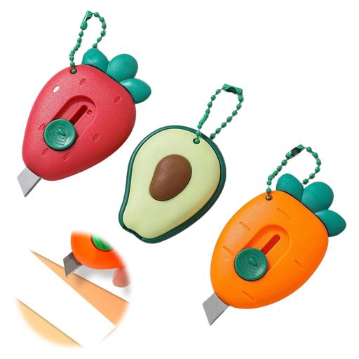 Coollooda ダンボールカッター 3パック【3in1機能 野菜や果物の形】安全 携帯用 ペーパーカッター 自動ロック機能 段ボール 伸縮式 封筒キーチェーン付き 日記と手芸 パッ ケージエンベロー…